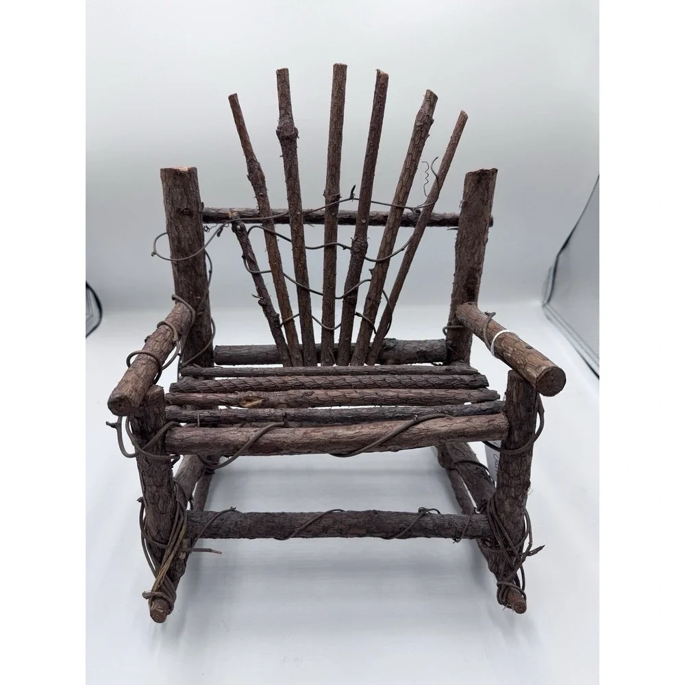 Vintage 12 In H Miniature Hand Made Rustic Wooden Twig Folk Art Rocking Chair